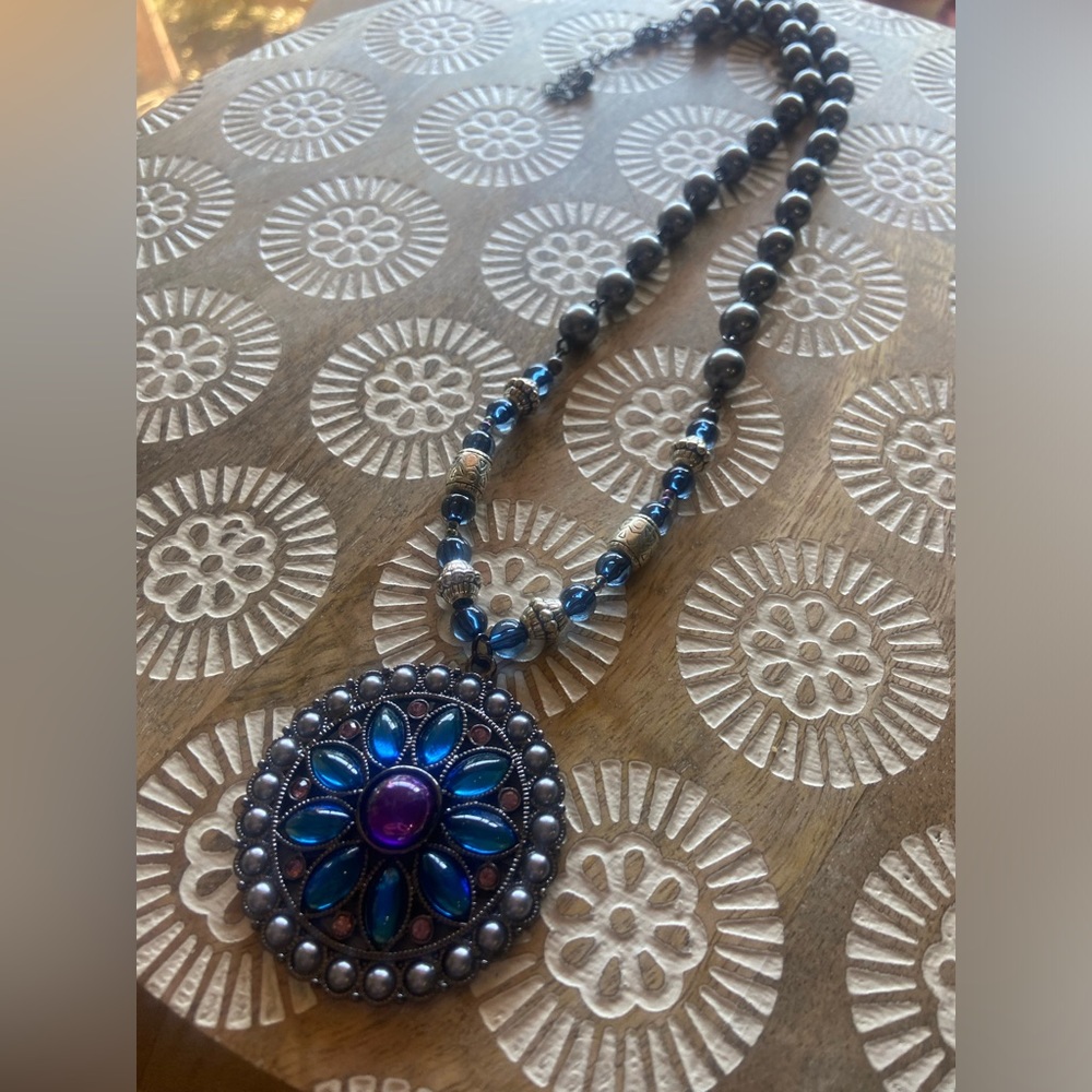 Rhinestone And Beaded Medallion Victorian Style Necklace